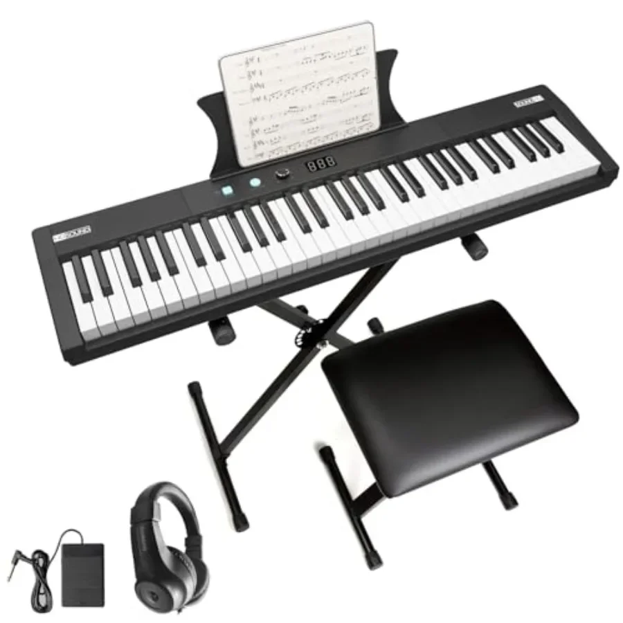 61 Key Electric Piano Keyboard with BuiltIn Speakers Power Adapter Headphones Stand and Stool Portable Design for Beginners and
