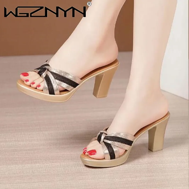 Fashion Elegant Stripe Bow Block High Heels Slides Women Platform Shoes Summer 2024 Thick Sole Slippers for Office Outside Shoes