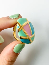 A Summer French Fashionable Vintage Stainless Steel Women's Color Block Combination Drip Oil Ring Commuter Holiday Gift Vacation