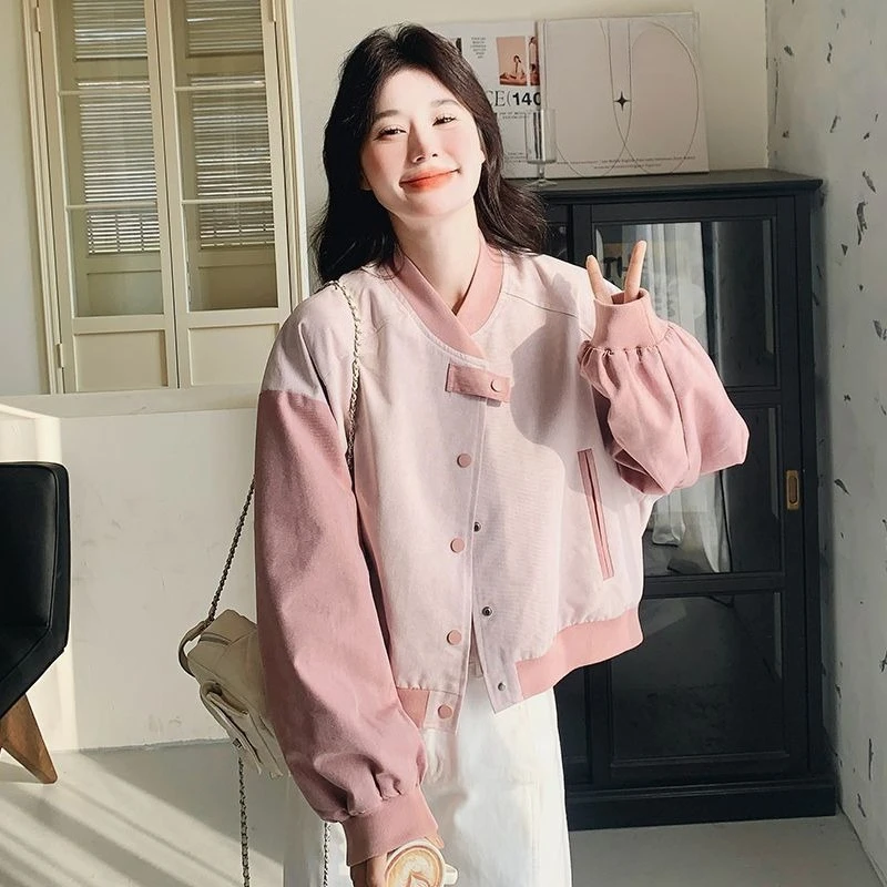 

2025 Spring Women's Contrast Patchwork Baseball Jacket Thin Fashionable Korean Casual Sweet Cool Short Jacket Trendy Age Defying