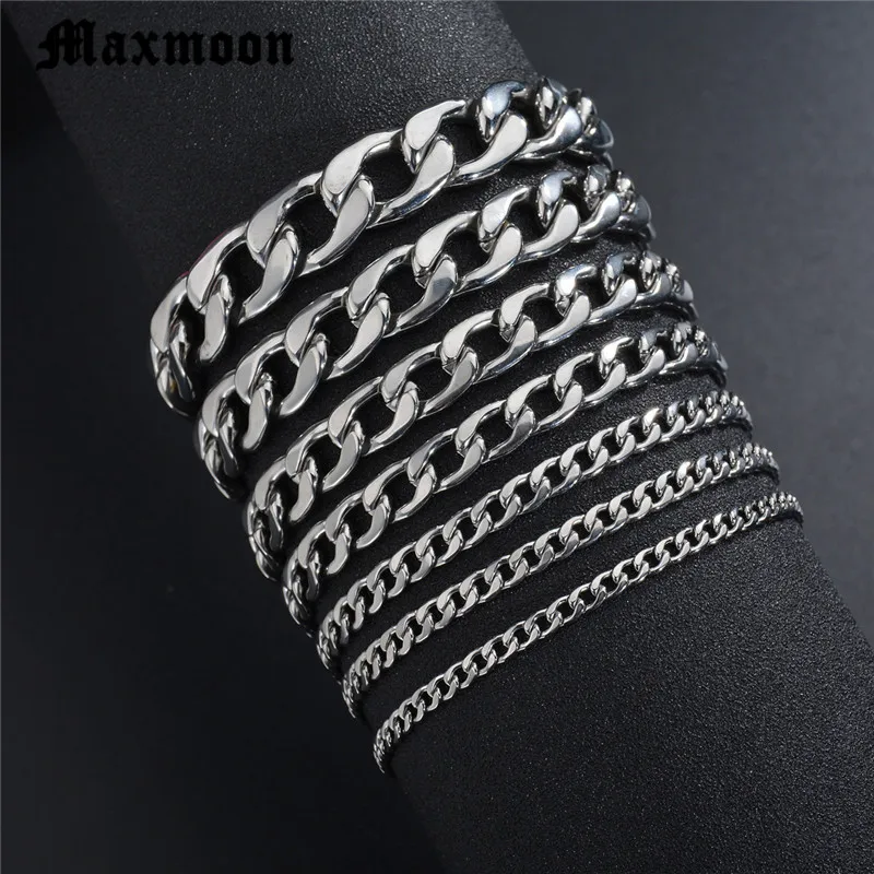 Maxmoon Mens Bracelet Chain Polished Stainless Steel Silver Color Chains Bracelet for Men Cuban Link 3/5/7/9/11mm