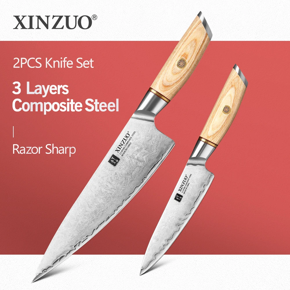 XINZUO 2pcs Forged Chef Knife Set High Carbon Composite Steel 8.5'' 5''Chef Utility Kitchen Knives Pakkawood Handle