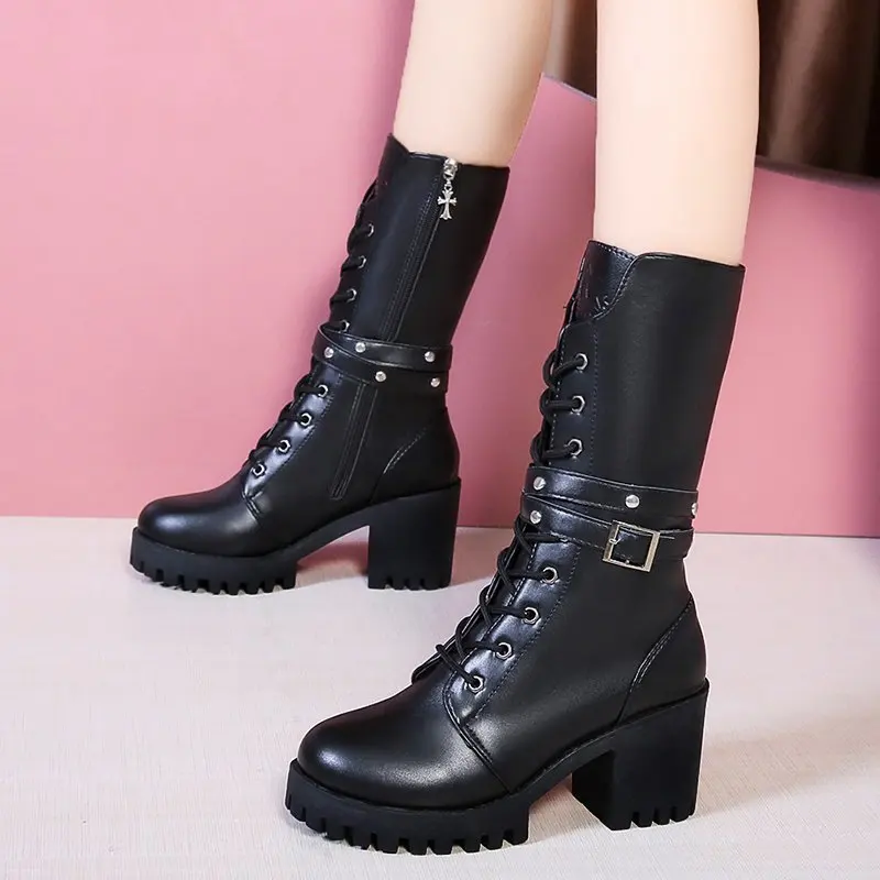 Autumn Winter Women Mid Calf Boots Platform Lace Up Thick High Heel Short Boots Fashion High Heel Leather Botas for Women D325