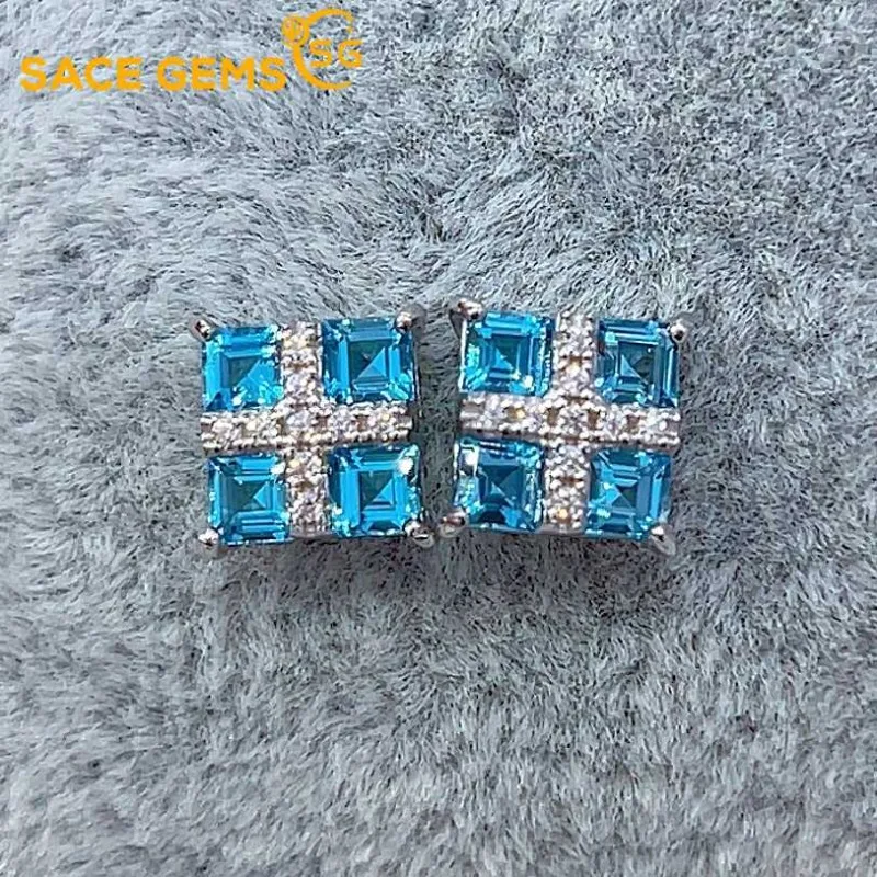 

SACE GEMS Fashion Jewelry Earrings for Women 925 Sterling Silver 3*3MM Swiss Blue Topaz Stud Earrings Wedding Party Fine Jewelry