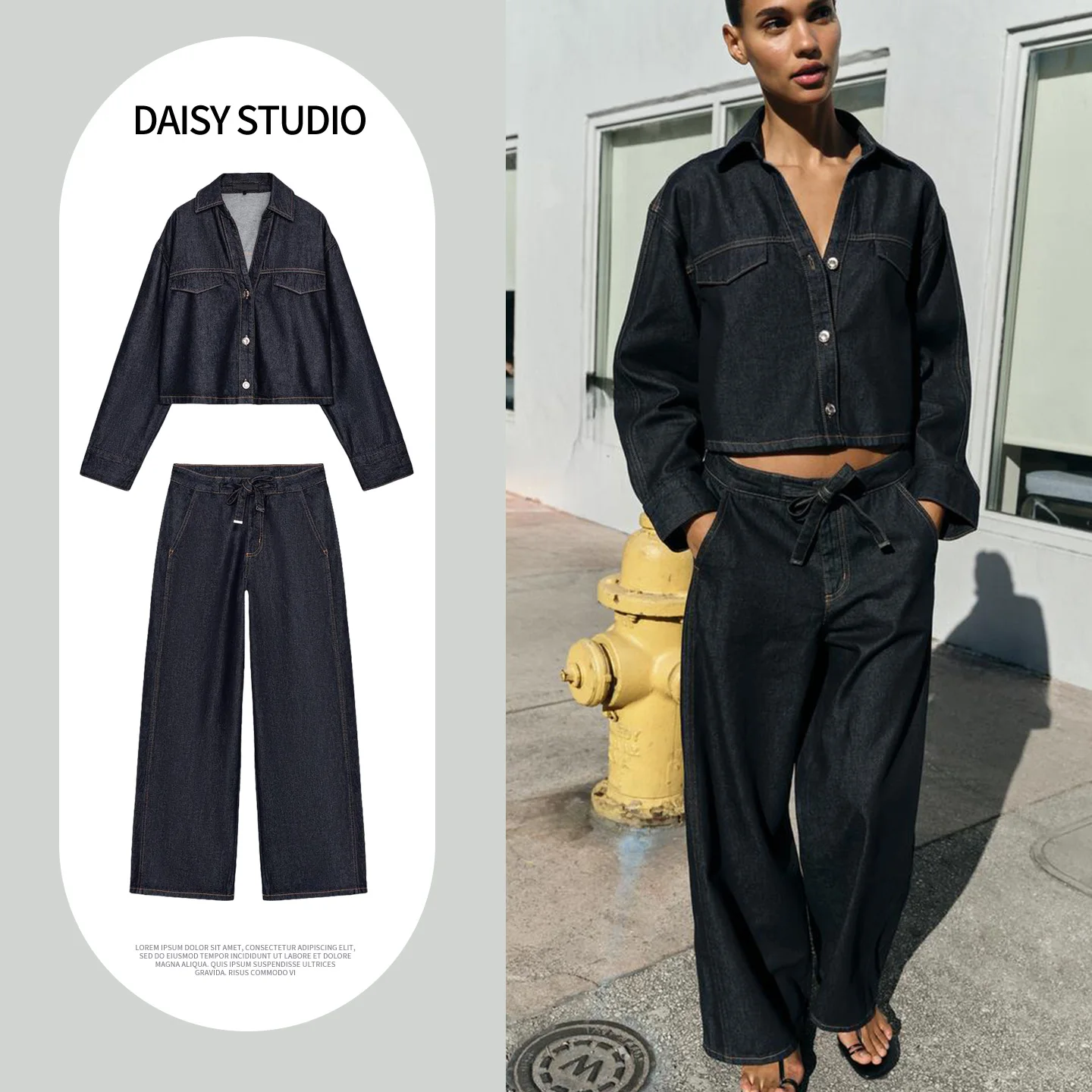 

High Waist Loose Jeans 1934022 Short Sleeve Shirt Hidden Button Denim Spring Fashion Set Women's Pure Color Long Pants