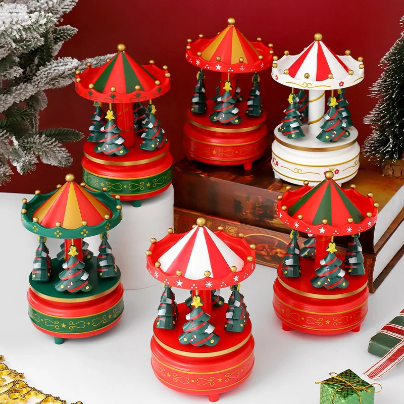 Wooden Christmas Tree Carousel Music Box Creative Christmas Gift Music Box Decorative Ornament Children's Birthday Gift