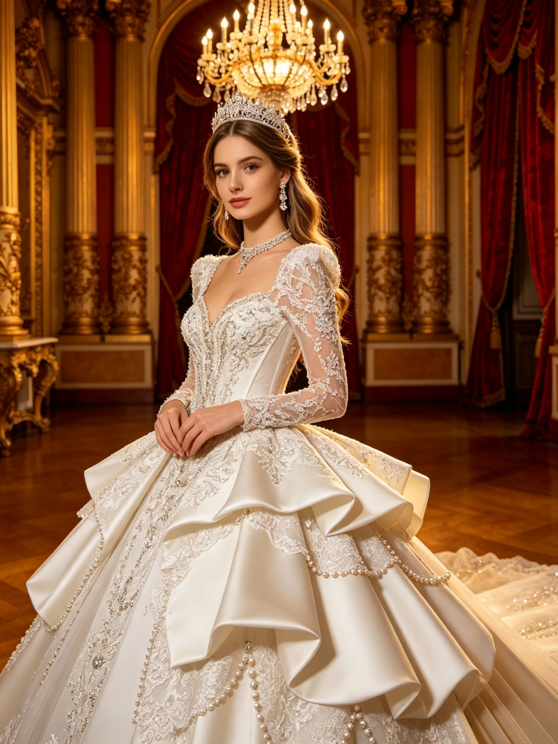 Luxury Satin Ball Gown Wedding Dress Long Sleeve Beaded Pearls Ruffle Skirt Bridal Gown with Train