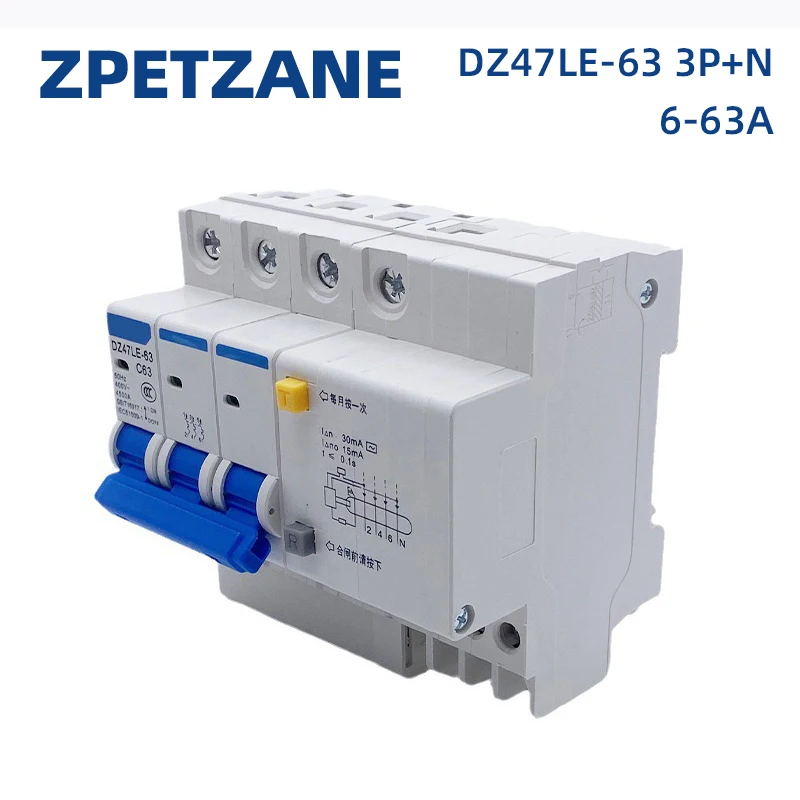 DZ47LE-63 3P+N 400V Mini Leakage Protect Circuit Breaker Household Electric Manual Air Switch MCB