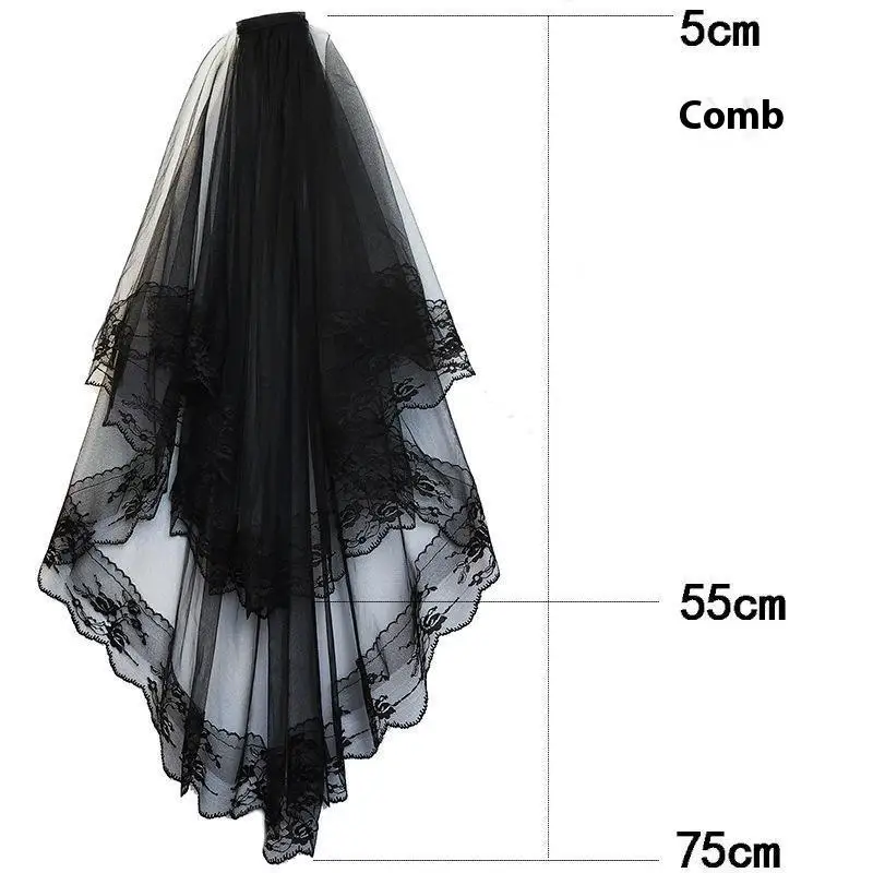 △ Two Layers Lace Bridal Veil Black Wedding Veils With Comb Short Bridal Veils Cosplay Costume Hair Accessories