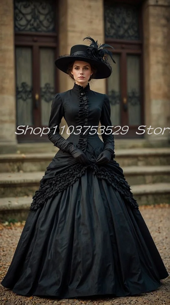 History Black Gothic Victorian Prom Dresses Long Sleeve High Neck Ruffles Pleated 2025 Lace-up Corset Evening Gown Costume