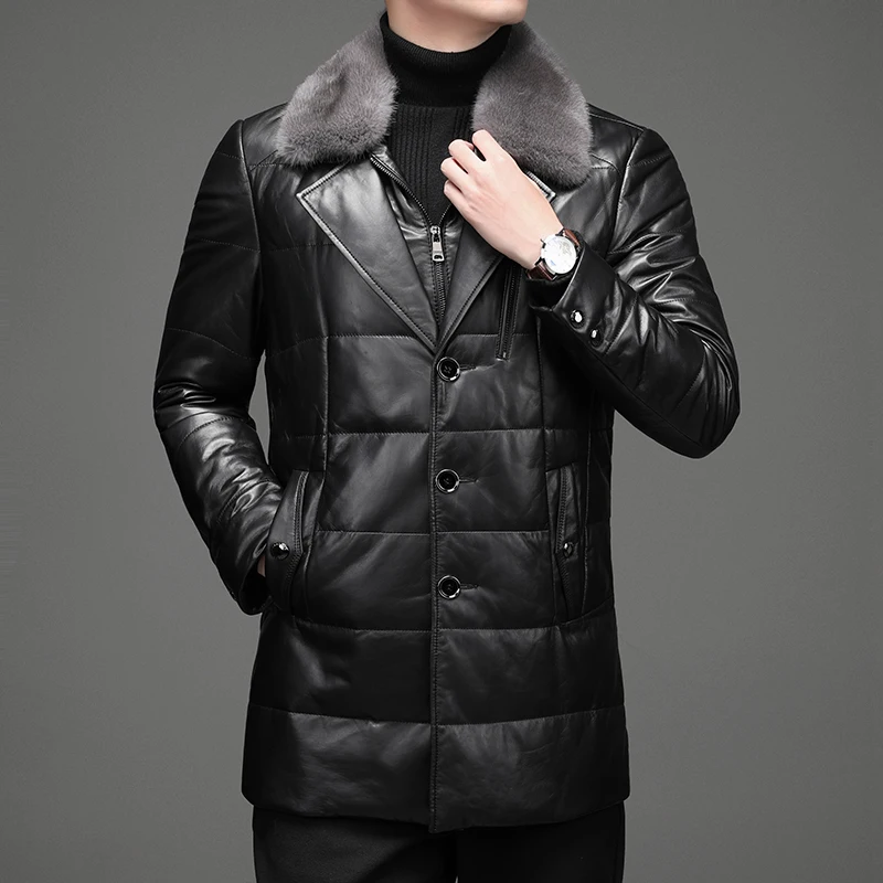 2024- New Men\'s Business British Fashion British Style Casual Fashion Sheepskin Down Jacket Mink Collar Jacket Leather Jacket