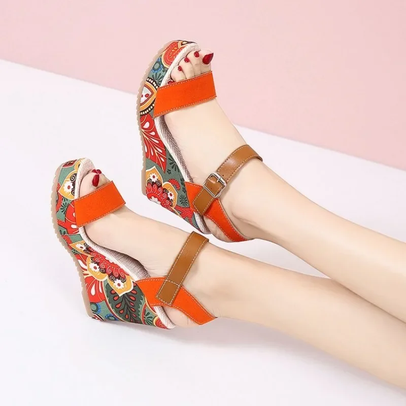 Shoes for Women Summer Wedge Sandals Retro Ethnic Printing Platform Shoes Ladies Casual Ankle Comfortable Sandalias De Mujer