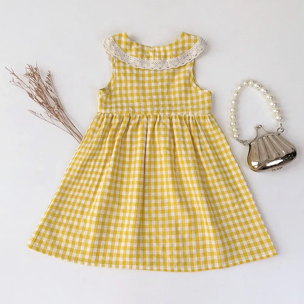 Casual Landschaft Stil Sommer Neue Spitze Revers Ärmelloses Plaid Kleid für Mädchen Süße Kleidung Koreanische Version – Detail 4