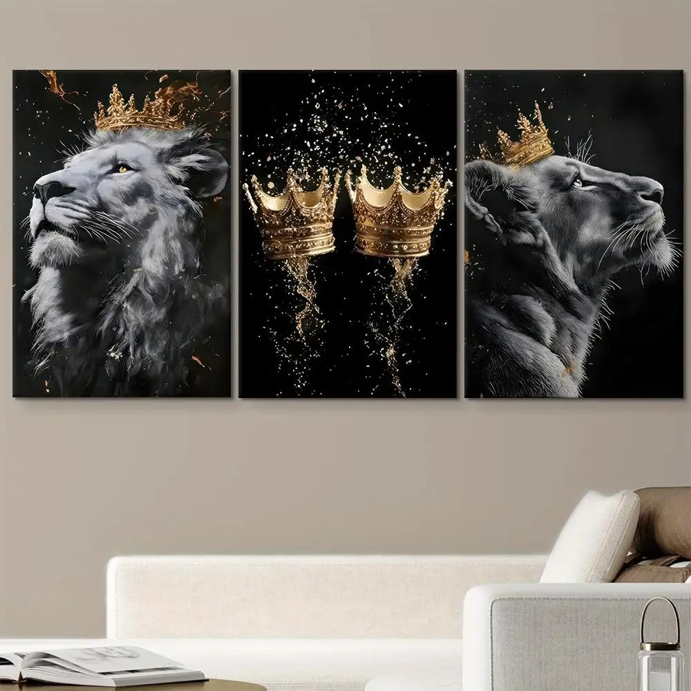 

Набор из 3 безрамных картин на холсте, 3D плоские, декоративные картины с изображением короля львов и короны, современное минималистичное искусство с животными, картины на холсте