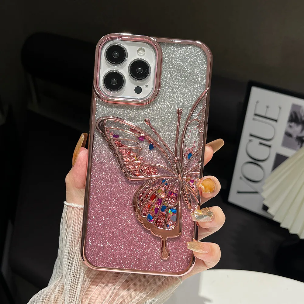 Luxury electroplating Half sided butterfly Phone case for iPhone 15 14 13 12 pro max soft cover with gradient glitter cardboard