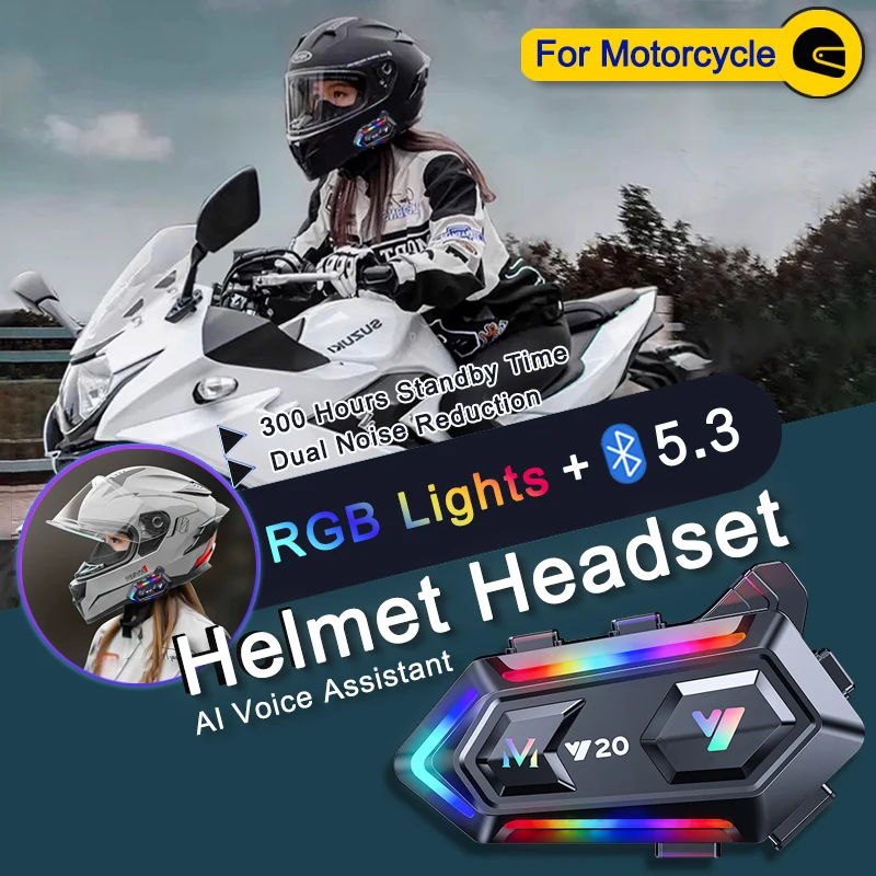 Bluetooth 5.3 Motorcycle Helmet Headset Y20 Wireless Moto Earphone Motorbike Headphone 1000mAh Noise Reduction Music Player