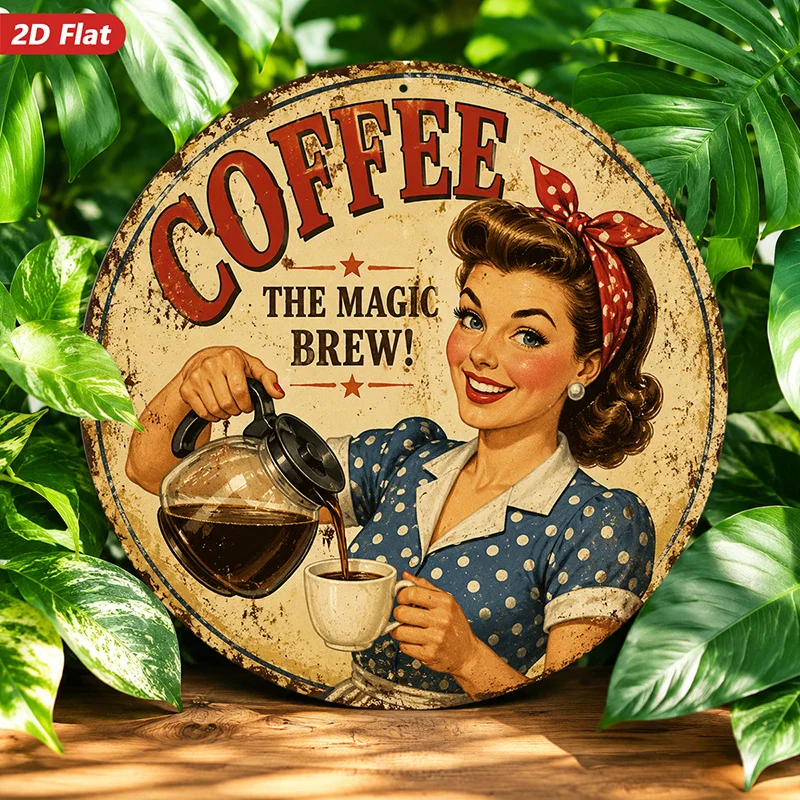 2D Flat, 1pc Retro Pinup Round Metal Sign Wall Art, Magic Brew Wording, Home Decor, Smiling Pinup Waitress, Pouring Glass Pot, I