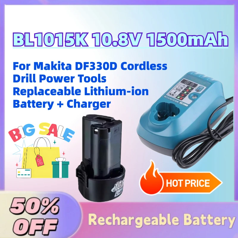 

Upgrade BL1015K 10.8V 1500mAh Battery for Makita DF330D Cordless Drill Power Tools Replaceable Lithium-ion Battery + Charger