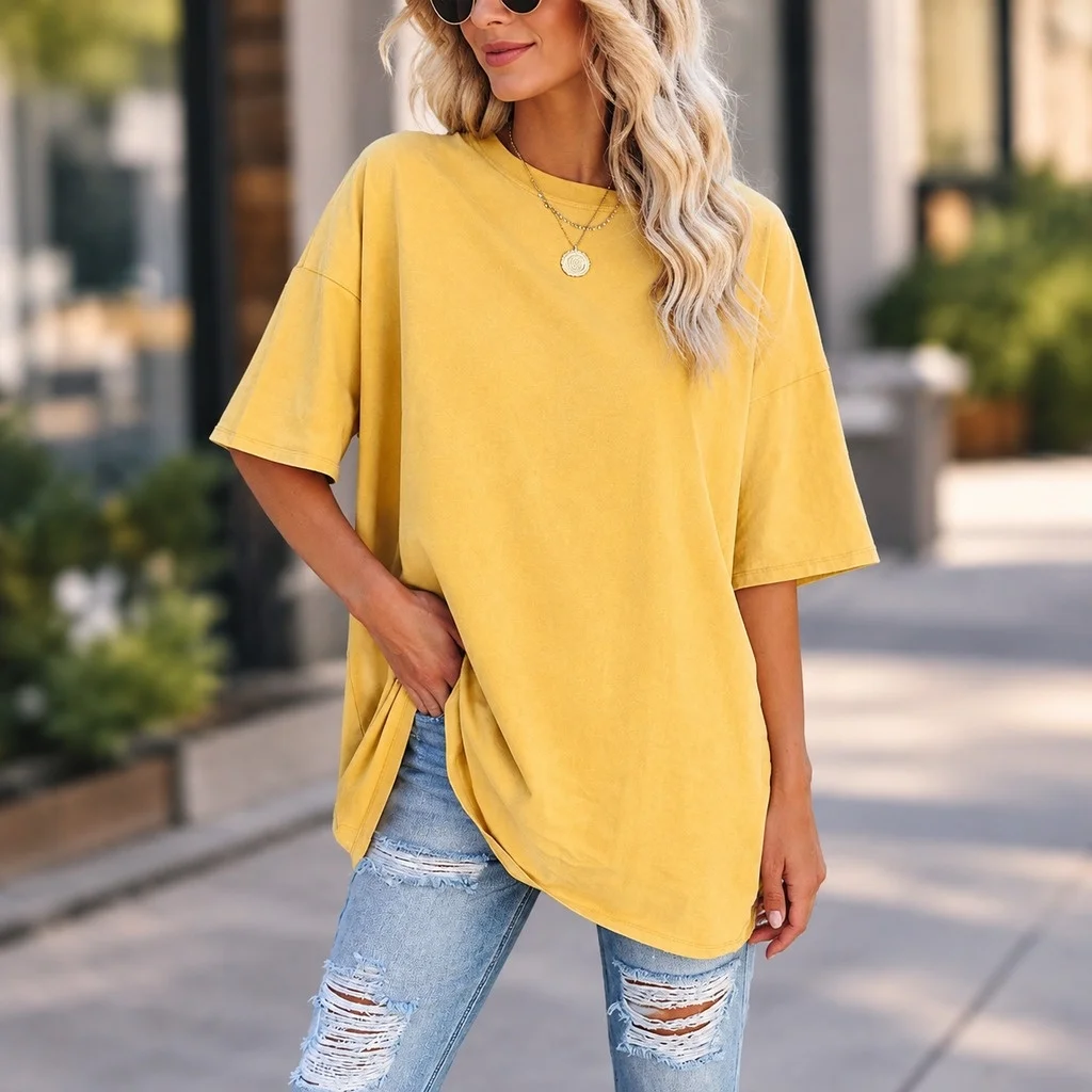 Loose Fit Round Neck Top with Short Sleeve Regular Length Loose Silhouette Print Pattern Streetwear Goth Women T Shirt Spring
