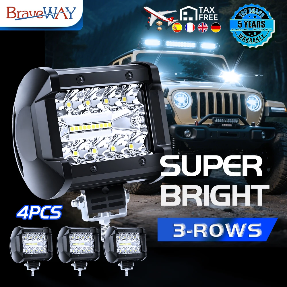 Barre lumineuse LED pour voiture Braveway, lampe de travail 4x4 pour tout-terrain, faisceau combiné spot et large, phare pour bateau, SUV, VTT, moto, feu antibrouillard, éclairage automobile