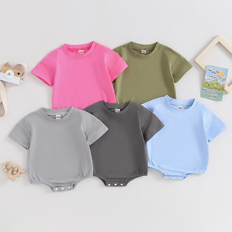 Lioraitiin Newborn Baby Bubble Romper Infant Boy Girl Shorts Sleeve Oversized Solid Color Basic Summer Clothes
