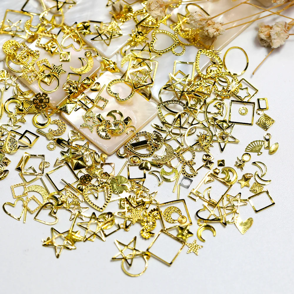 10G โลหะ Rivet 3D Charms Star Moon Stud Mix Gold UV เจลเจลแต่งเล็บ Diy ตกแต่งเล็บ Salon supply เครื่องประดับเล็บ1กระเป๋า