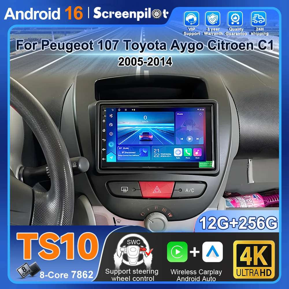 Para Peugeot 107 Toyota Aygo Citroen C1 2005-2014 Rádio Auto Android 16 Estéreo Multimídia Player GPS Navegação Carplay GPS para Carro