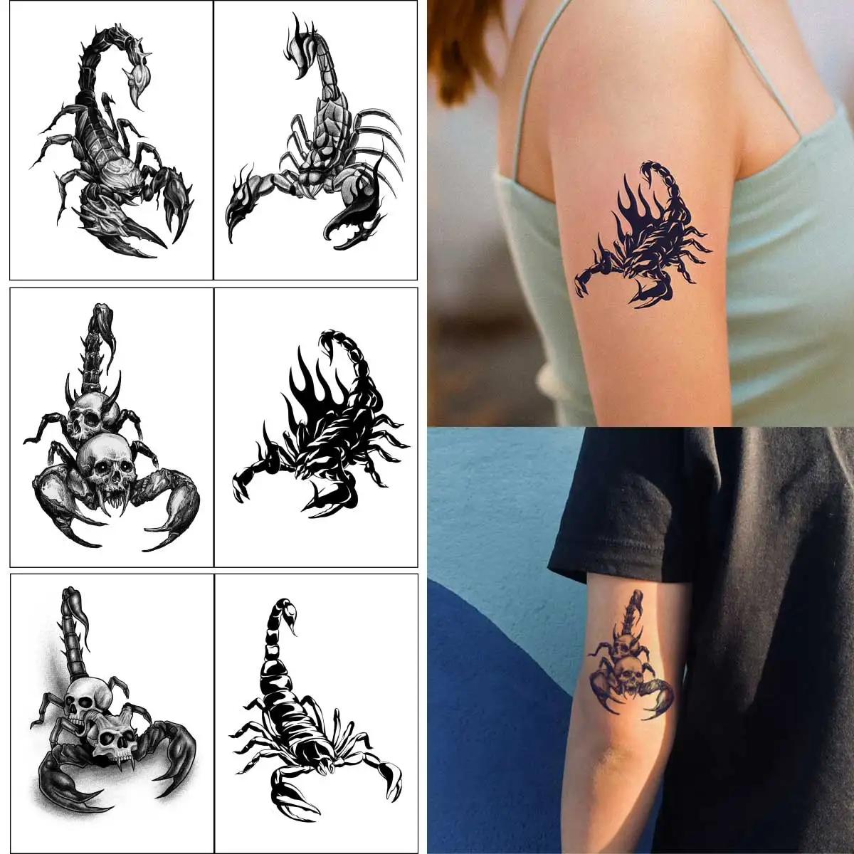 4 pçs preto escorpião série tatuagens temporárias para mulheres homens gótico pescoço braço tatuagens à prova dwaterproof água tatuagem falsa arte corporal dia das bruxas