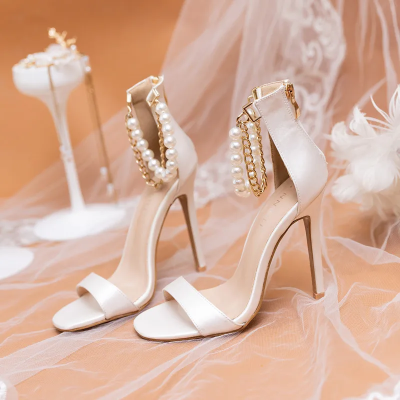 Pearl String Chain Ankle Strap Sandals Open Toe Stiletto High Heels Party Dress Sexy White Pu Pumps Daily Wear Large Size 33-41