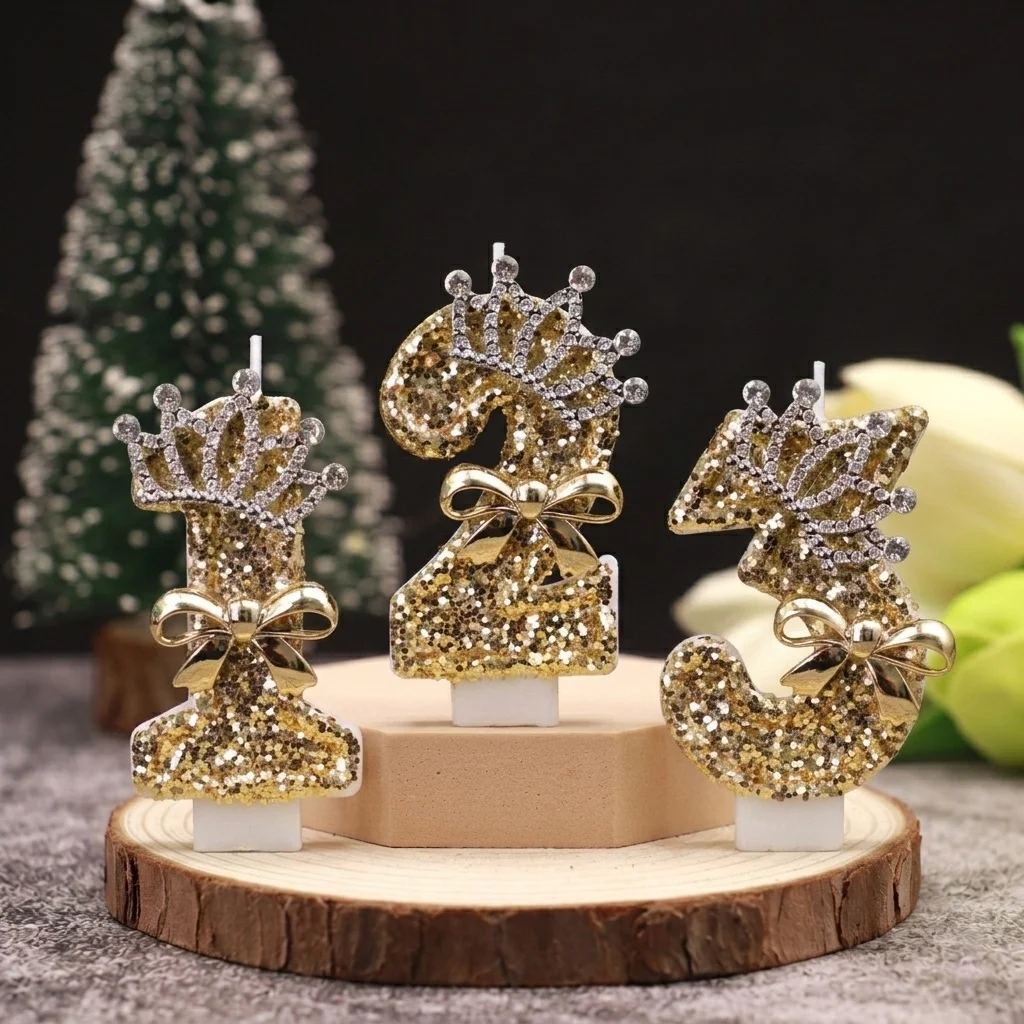 Gold Crown Sparkling Bow 0-9 Digital Birthday Candle - Cake Decoration Baking Local Tyrant Party Supplies