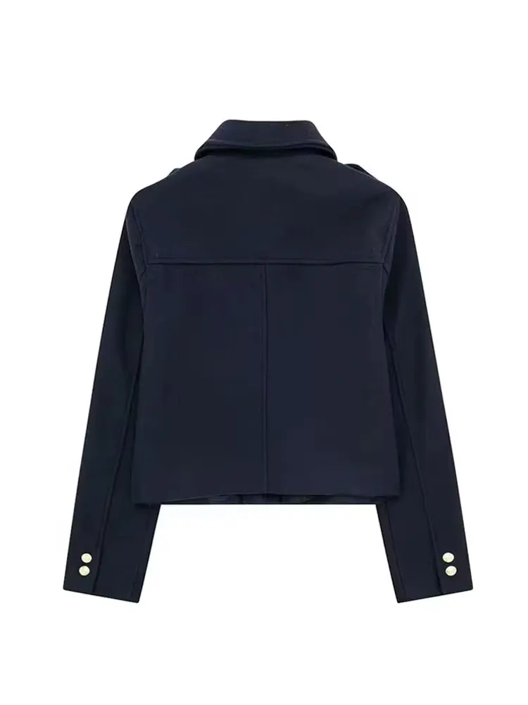 HH Female Autumn Fashion Casual Jacket Long Sleeves Lapel Coat Women's Chic Loose Single-breasted Solid Navy Retro Jacket