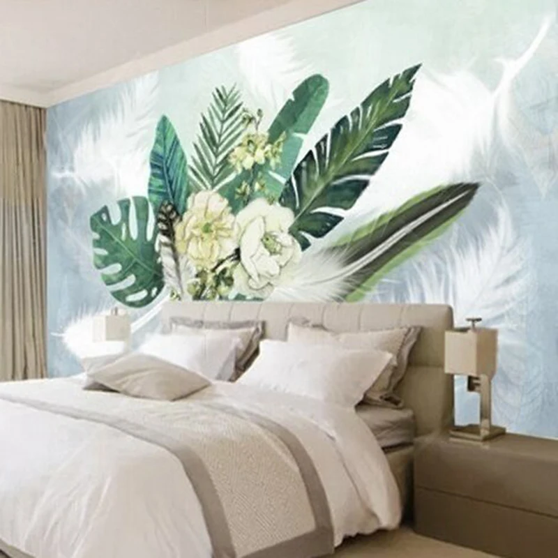 Custom Nordic Style Leaf and Feather Pattern Wall Mural, Personalized Nature-Themed Wallpaper for Living Room Bedroom Background