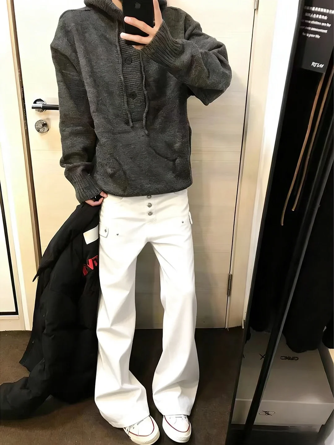 

Cleanfit White Wide Leg Men's Jeans Metal Bule Design Straight Knife Pants Meat Concealing Slimming Pants Casual Wear