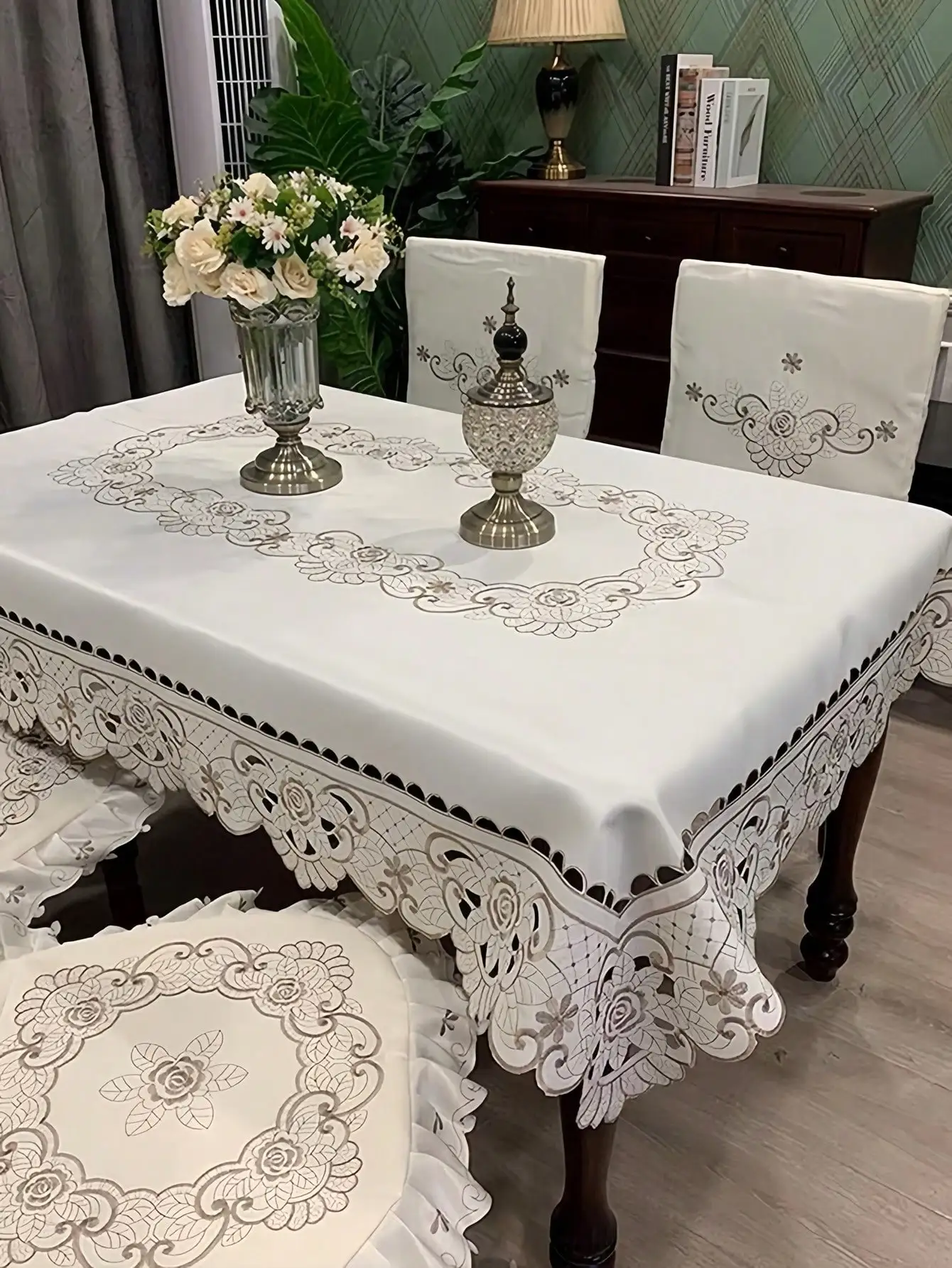 1 Piece of Coffee Brown Embroidered Tablecloth, European-Style Polyester Fiber Rectangular and Square Embroidered Hand-Carved Hollow-Out Dust-Proof Multifunctional Tablecloth, Suitable for Dining Tables, Coffee Tables, Tea Tables, Daily Home Use, and Wedding Party Decoration