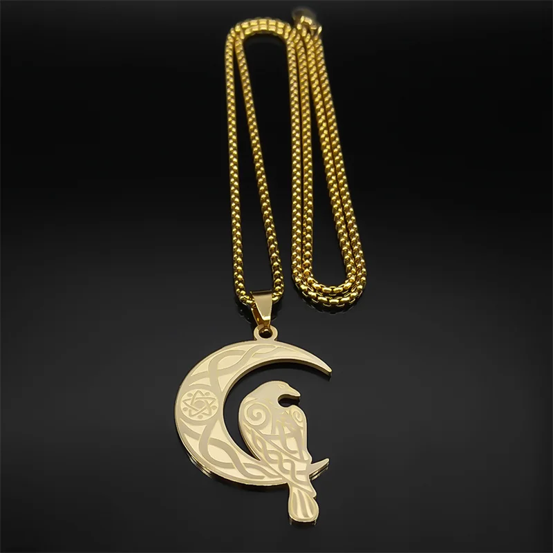 Viking Crow Crescent Necklace for Women/Men Stainless Steel Celtic Knot Animal Star Moon Amulet Chain Jewelry collar N2992-5S02