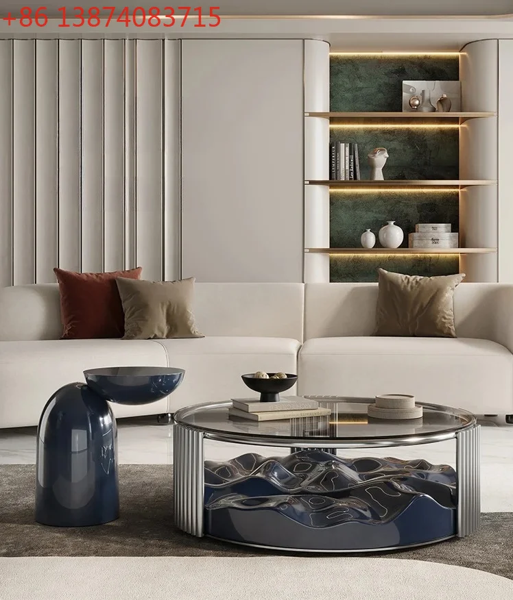 

Italian minimalist stainless steel coffee table light luxury FRP paint round coffee table combination