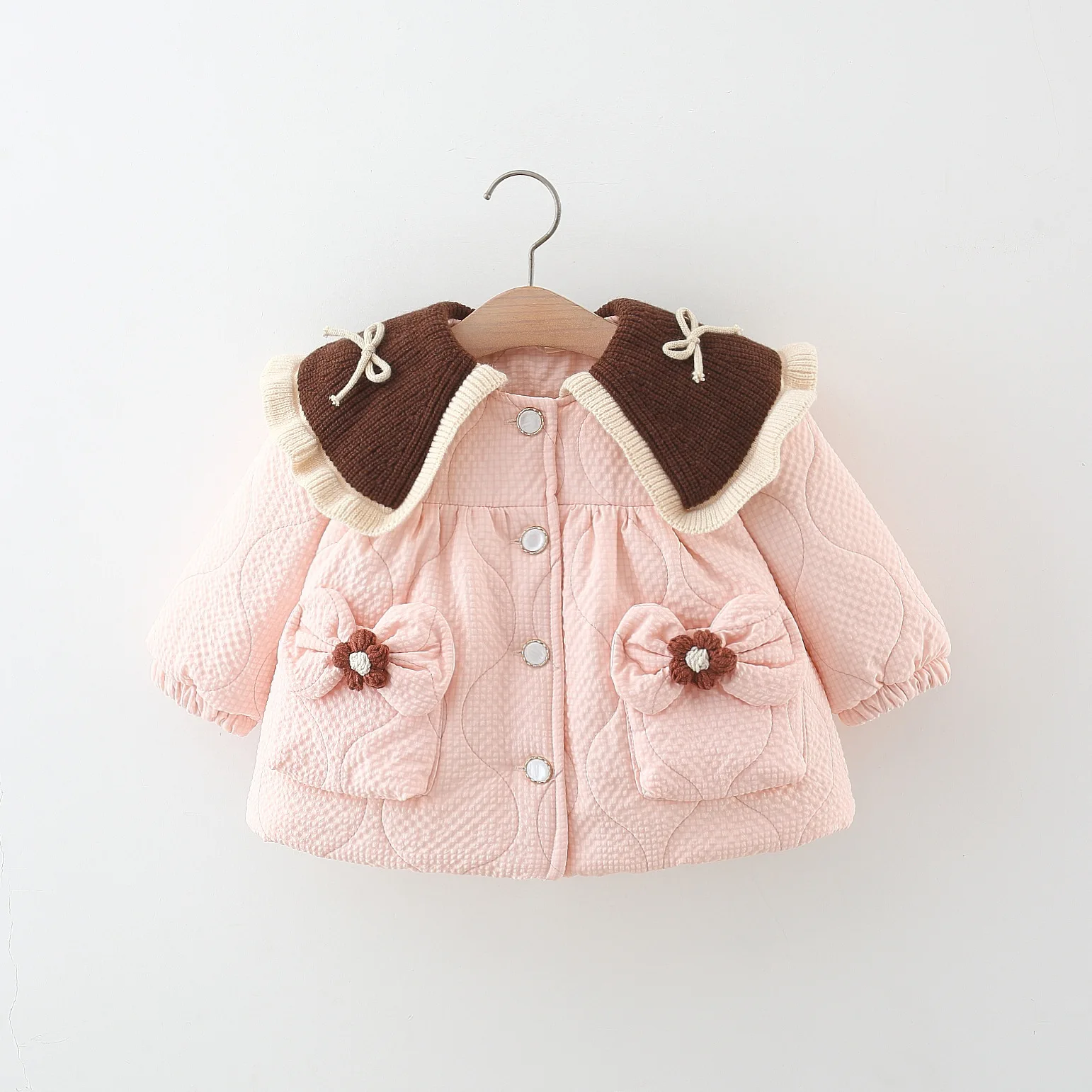 Winter New Brown Collar Baby Girl Coat, Sweet Bow Pocket Children\'S Long Sleeved Clothes For 9 Months To 3 Years Old