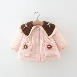 Winter New Brown Collar Baby Girl Coat, Sweet Bow Pocket Children'S Long Sleeved Clothes For 9 Months To 3 Years Old