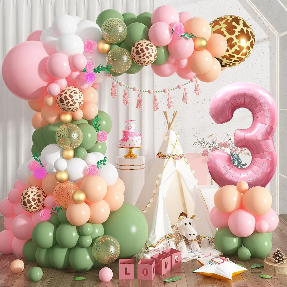 1St Jungle Safari Birthday Party Decoration, Pink Sage Green 1St Jungle Hunting Balloon Garland Arch Kit with Numbers 1 Aluminum Foil Balloon,