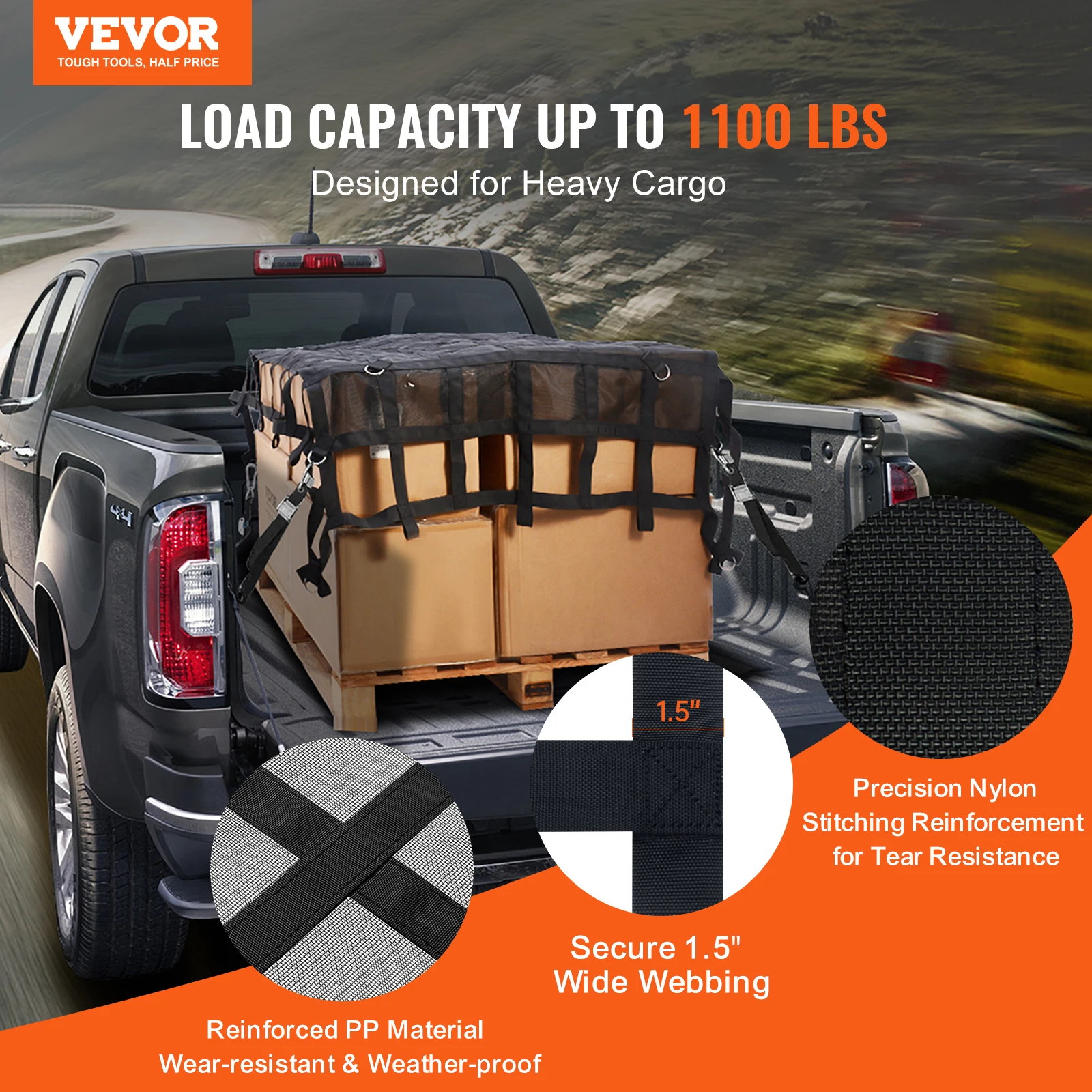 VEVOR Car Ceiling Cargo Net Truck Bed Storage Net with 4 Adjustable Straps & S-Hooks Pocket Mesh Car Roof Organizer for SUV Jeep