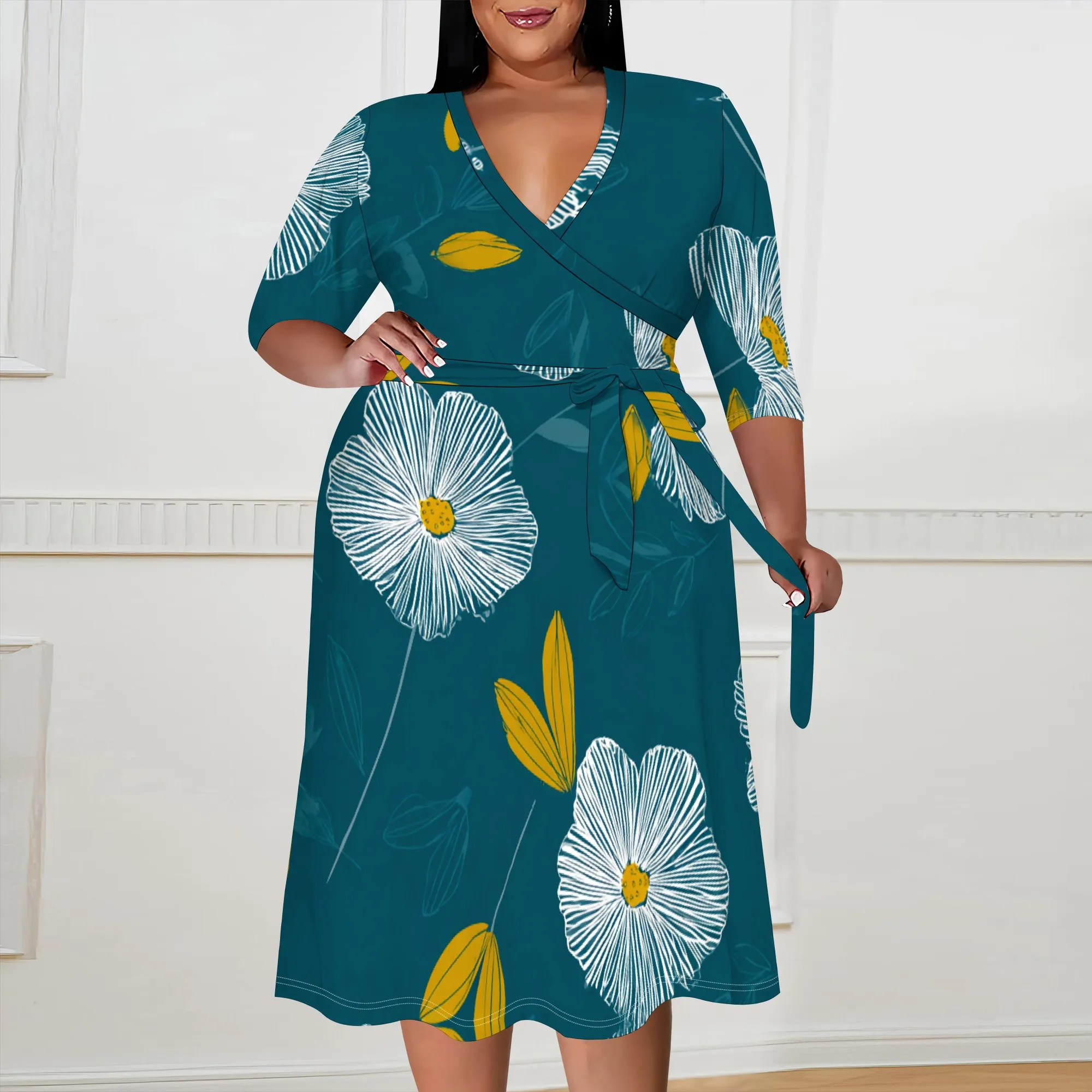 

Women's Plus Size Floral Wrap Dress Summer V-Neck 3/4 Sleeve Tie Waist Midi A-Line Casual Work Party Dress XL-6XL