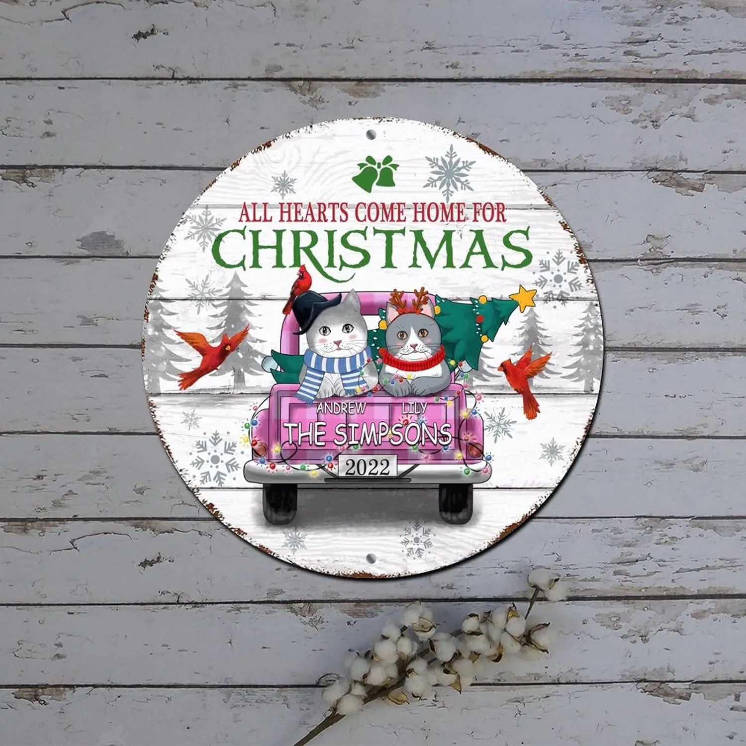 Christmas Round Tin Sign All Hearts Come Home Custom Family Cat Name Truck Round Metal Tin Sign Christmas Decorations for Cabine