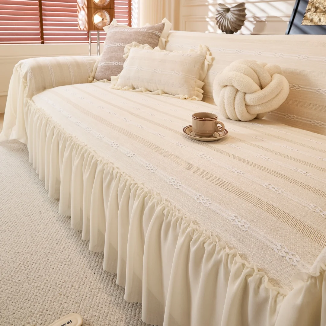 Solid Color Embroidered Sofa Towel with Lace Edge Ruffle Hem, Linen-Like Fabric Home Decor Universal Sofa Cover for Living Room
