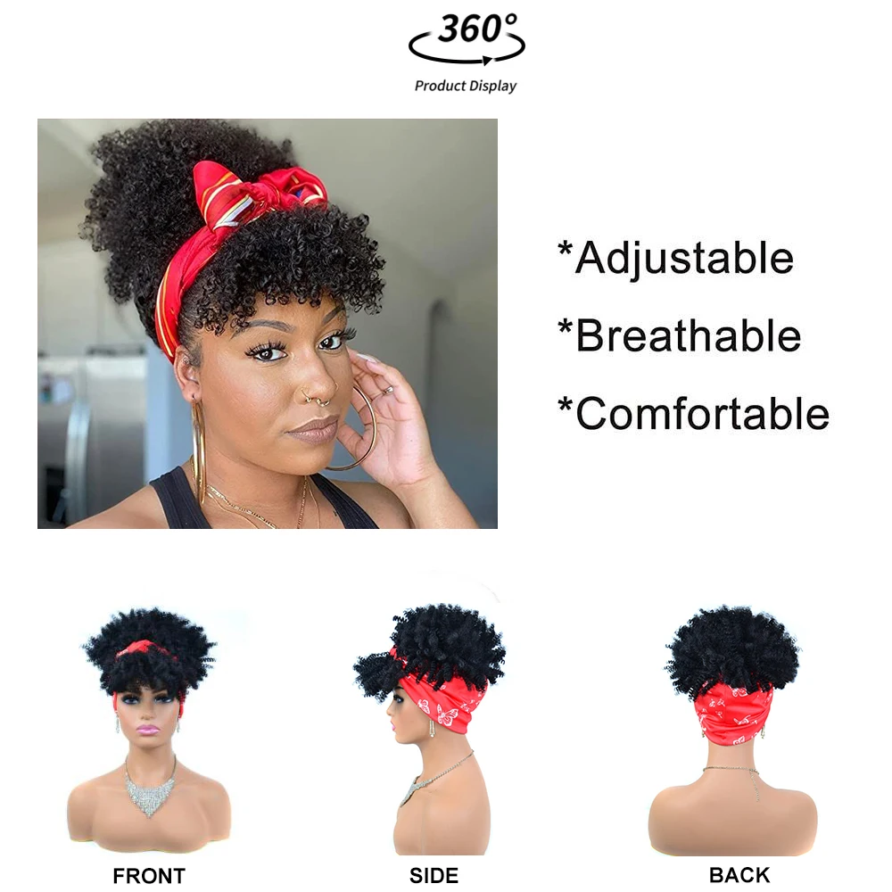 Synthetic Hair Afro Kinky Curly Wig Ombre Color Curly Headband Wig with Bangs Short Fluffy Curls Head Wrap Wigs for Black Women