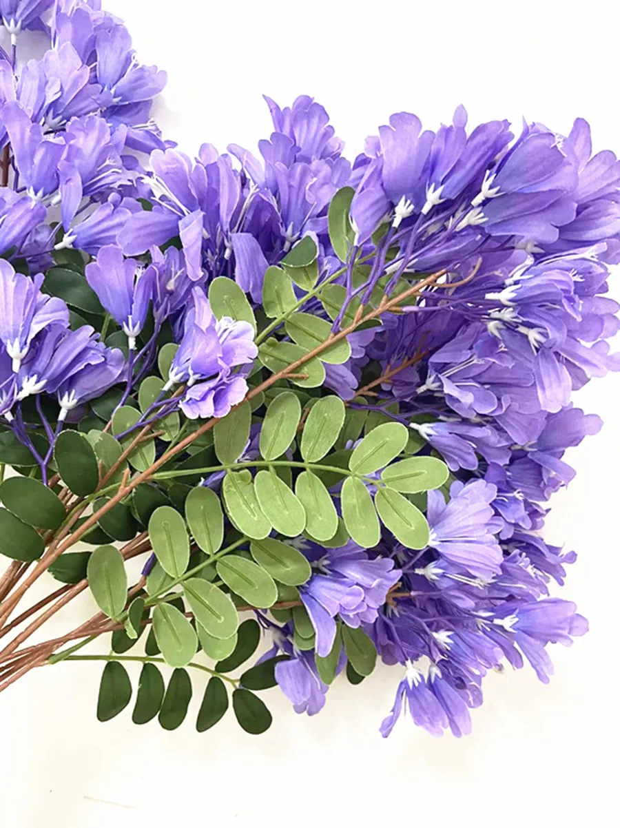 One Silk Jacaranda Flower Branch Artificial Syringa Faux Mezereon Stem with Green Leaf for Wedding Home Table Floral Decoration