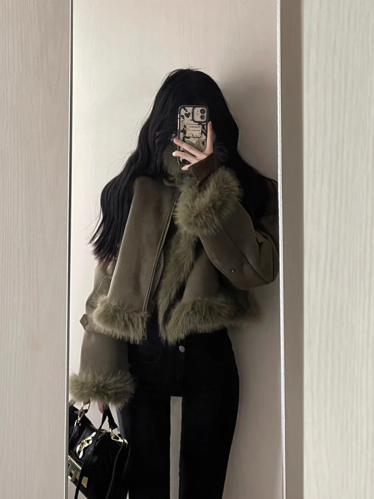 Jacket Women\'s Stitching Short Leather and Fur Suede Thickened Green Lapel Long Sleeve Loose Autumn Winter High-Grade Clothing