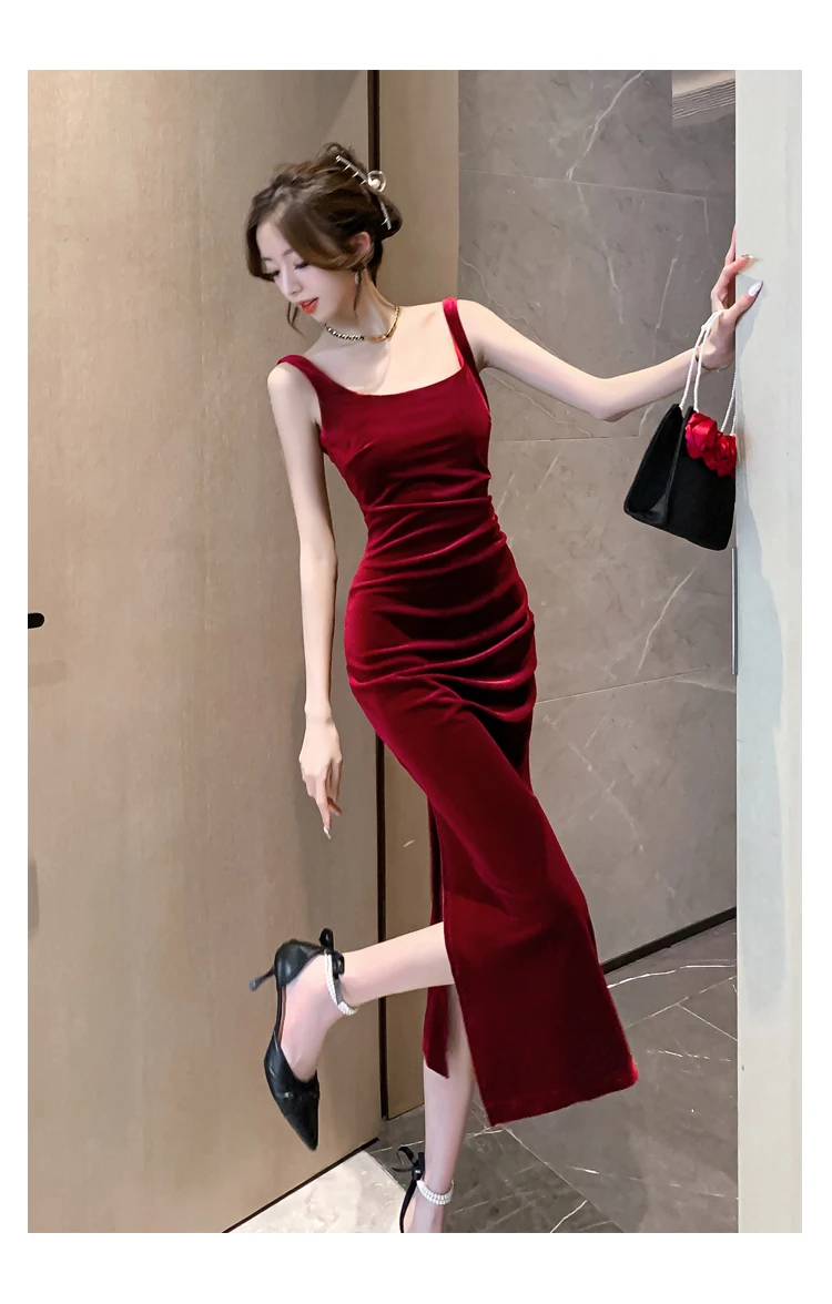 Sexy Backless Vintage Luxury Velvet Midi Dresses for Women 2023 Autumn Winter Fashion Slim Split Female Clothing Elegant Party