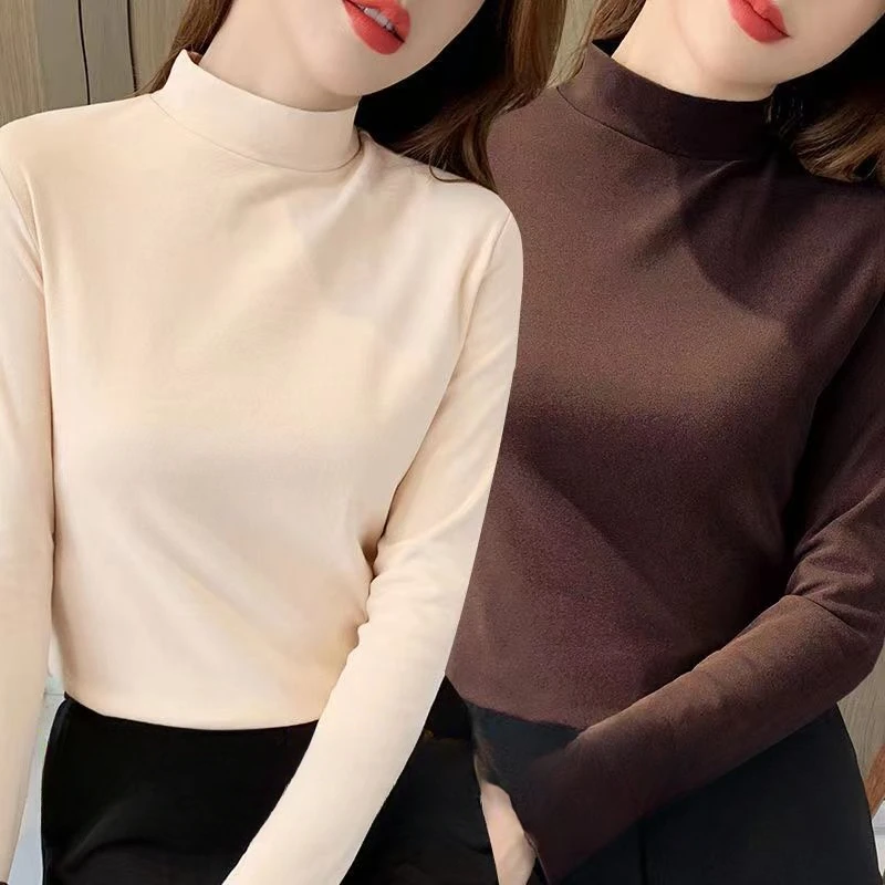 Solid Velvet High Collar Warm Base Shirt Strecth Casual and Regular Blouse Long Sleeve T-Shirt for Women Tees Shirts and Blouses