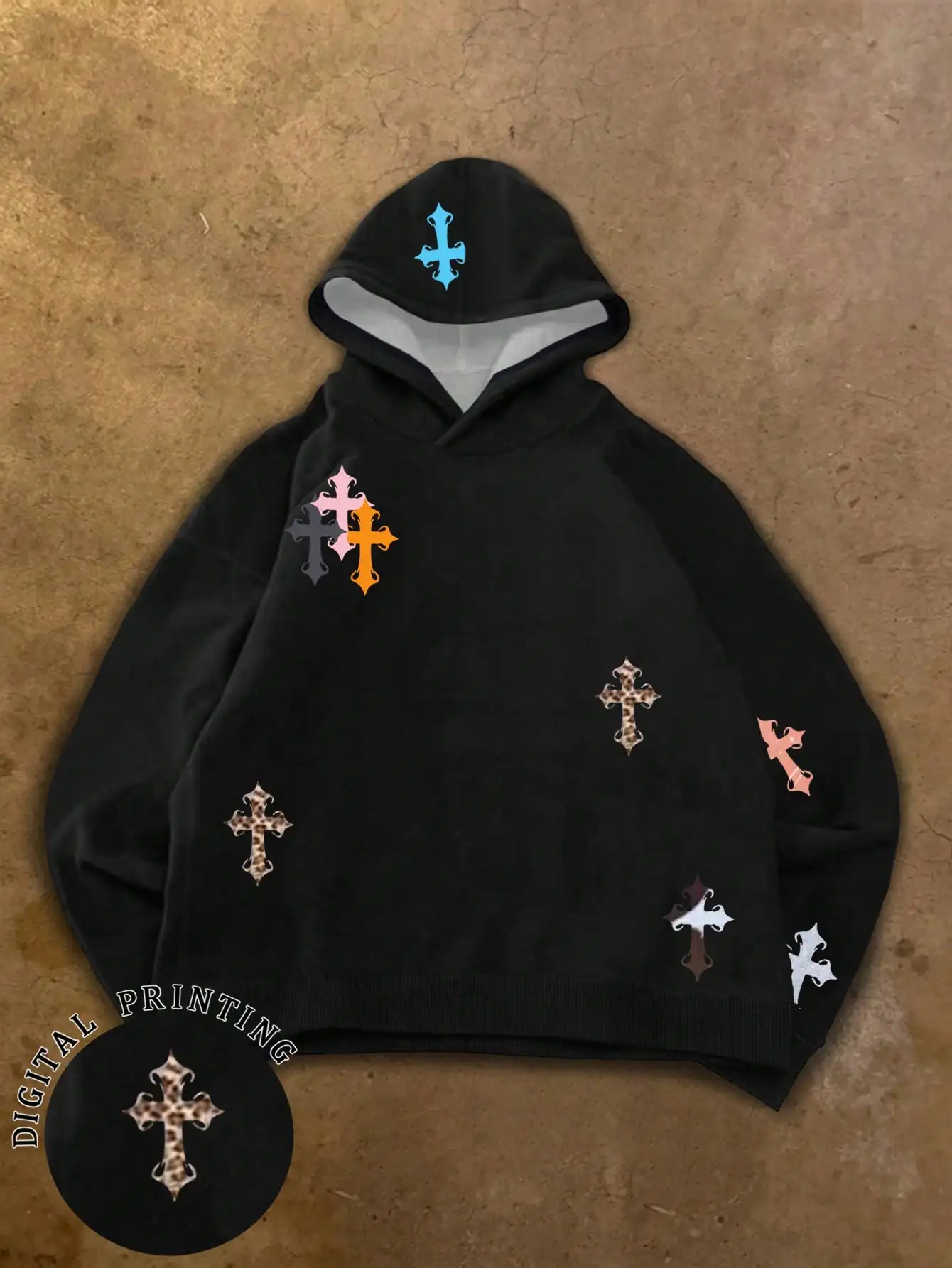 

Women's Gothic Cross Print Hoodie, Oversized Black Fleece Sweatshirt for Fall/Winter Streetwear