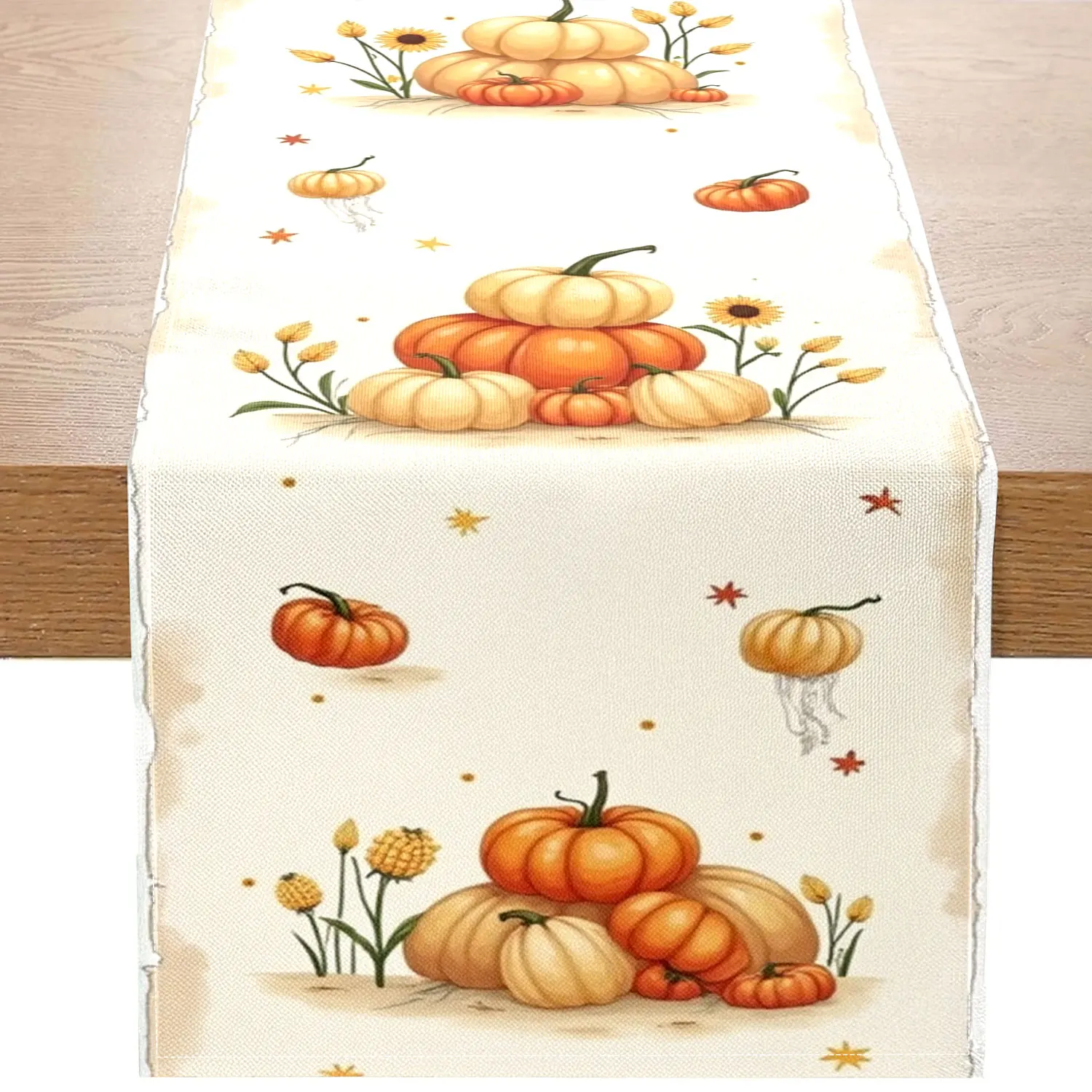 

Цельная дорожка для стола с тематикой урожая, с узорами тыквы, подсолнуха и клетчатыми узорами для окон, подходит для фестиваля урожая и украшения в стиле кантри